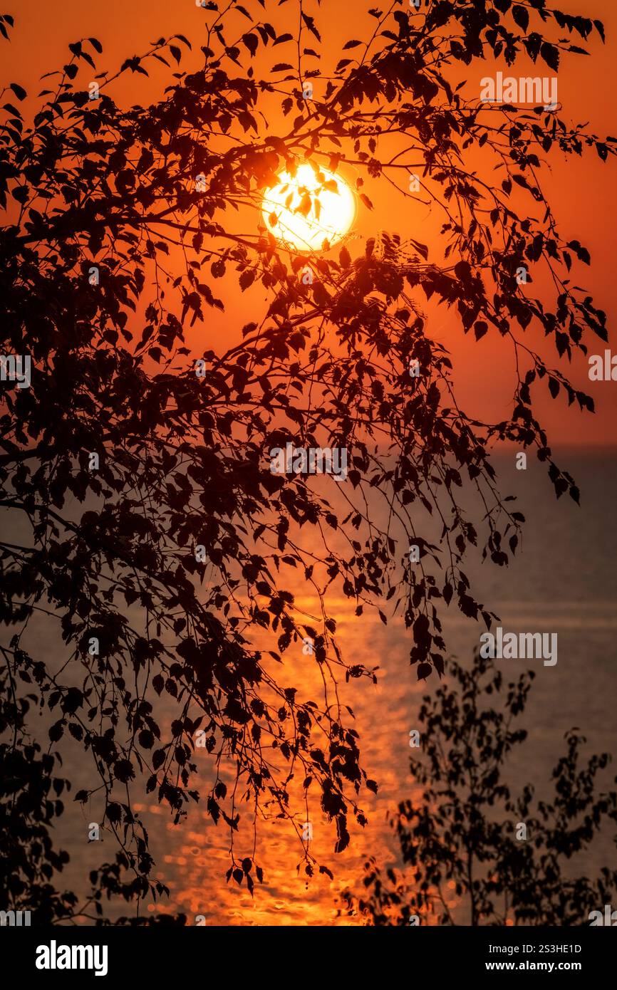 Sonnenuntergang am Lake Huron mit Silhouetten im Vordergrund. National Geographic lobte diese kanadischen Sonnenuntergänge einst zu den besten der Welt Stockfoto