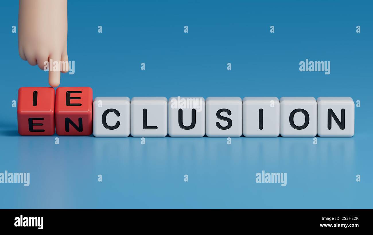 Ein- und Ausschlusssymbol. Geschäft, Mann Hand. Gedrehte Holzwürfel mit den Wörtern Inclusion und Exclusion.usiness und Inclusion und Exclusion Konzept Stockfoto