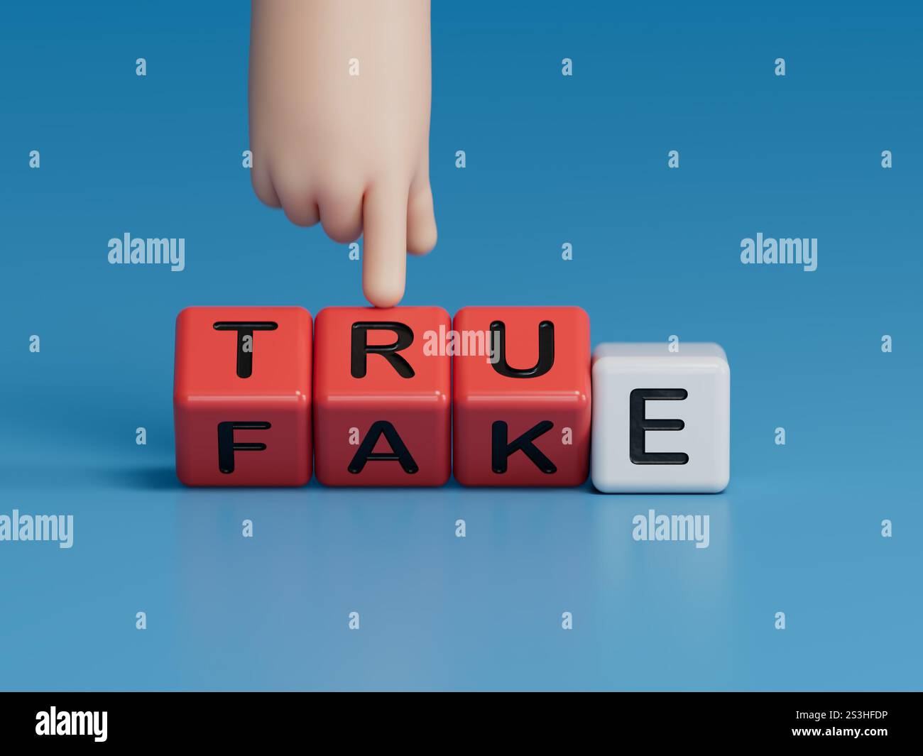 Symbol wahr vs. Gefälscht. Die Hand des Geschäftsmannes verwandelt Würfel und ändert das Wort „Fake“ in „True“. Business und True vs. Fake-Konzept. Kopierbereich. Stockfoto