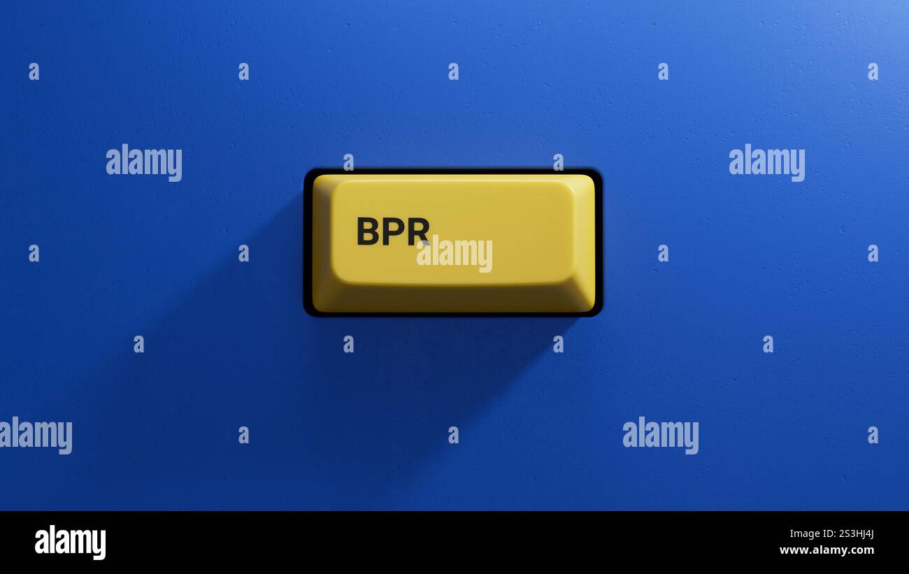 BPR – Reengineering von Geschäftsprozessen – Akronym auf gelber Schaltfläche. BPR , Akronym auf gelber Taste. Business Concept.3D-Rendering auf blauem Hintergrund. Stockfoto