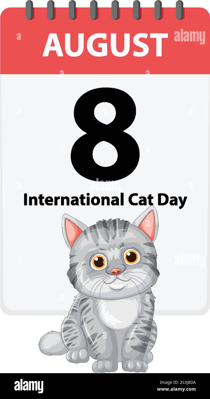 Niedliche Katze mit Kalender zum 8. August Stock Vektor