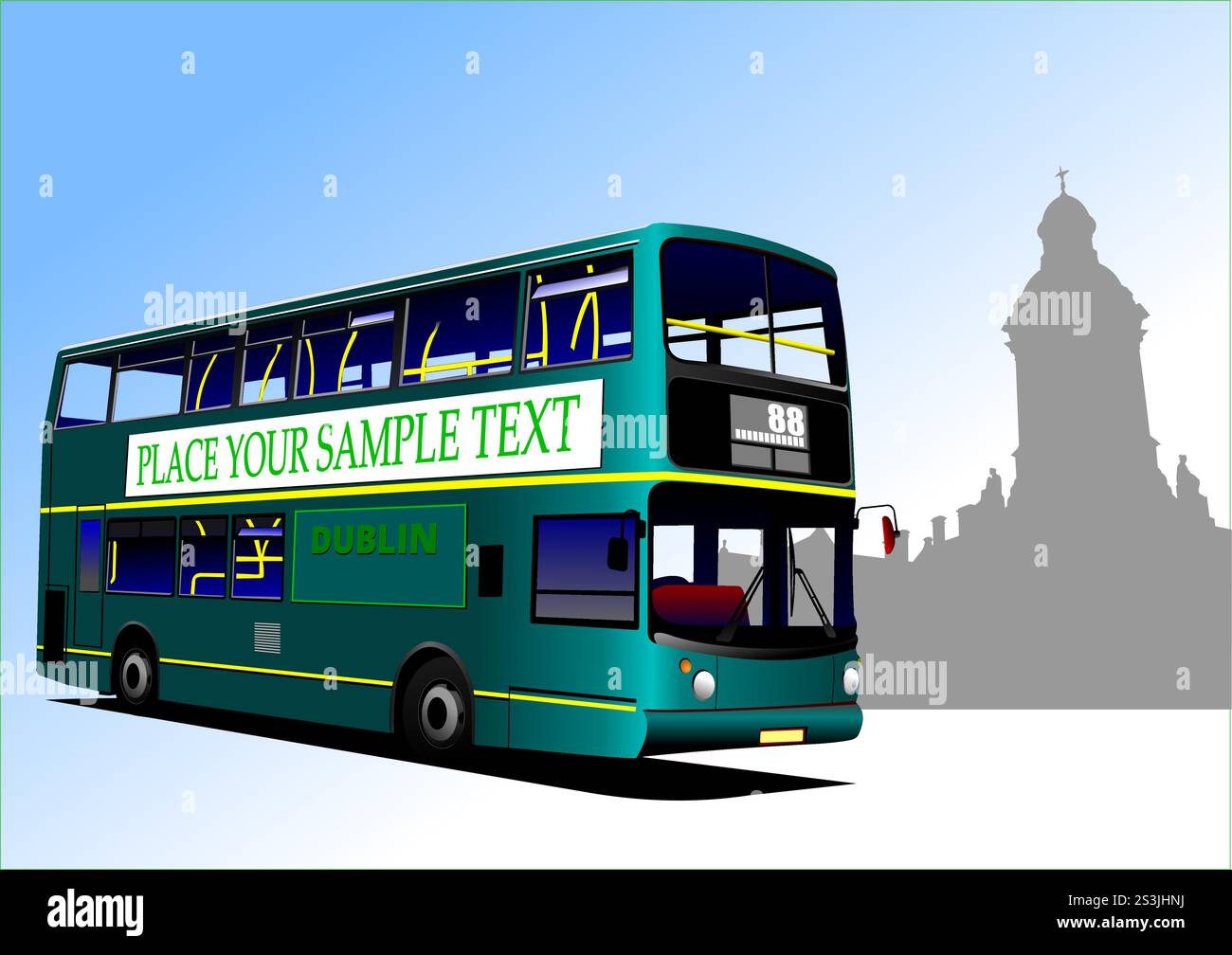 Dublin Green Bus. Vektor-3D-Illustration. Handgezeichnete Abbildung Stock Vektor