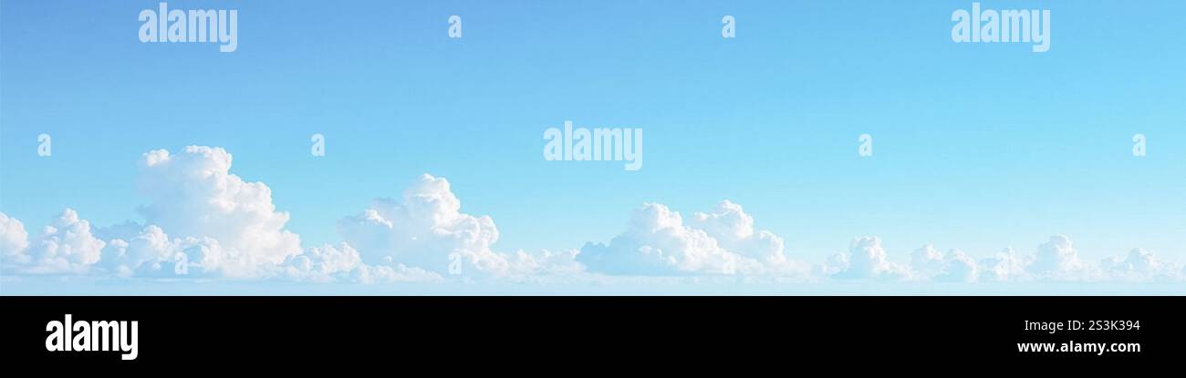 Panoramablick auf den ruhigen blauen Himmel und die flauschigen Cumulus-Wolken verteilen sich gleichmäßig, eine ruhige Tageskulisse für Designprojekte, ein weit offener, klarer Himmel mit weichem Himmel Stockfoto
