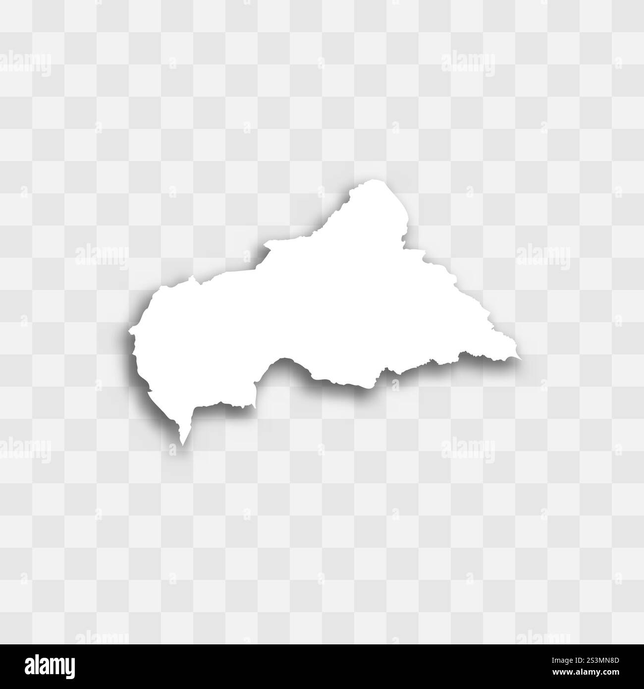 Zentralafrikanische Republik hohe detaillierte Vektordarstellung der Ländersilhouette. Weiße Farbe auf transparentem Hintergrund mit fallendem Schatten. Für Bildungs-, dekorative oder informative Zwecke. Stock Vektor