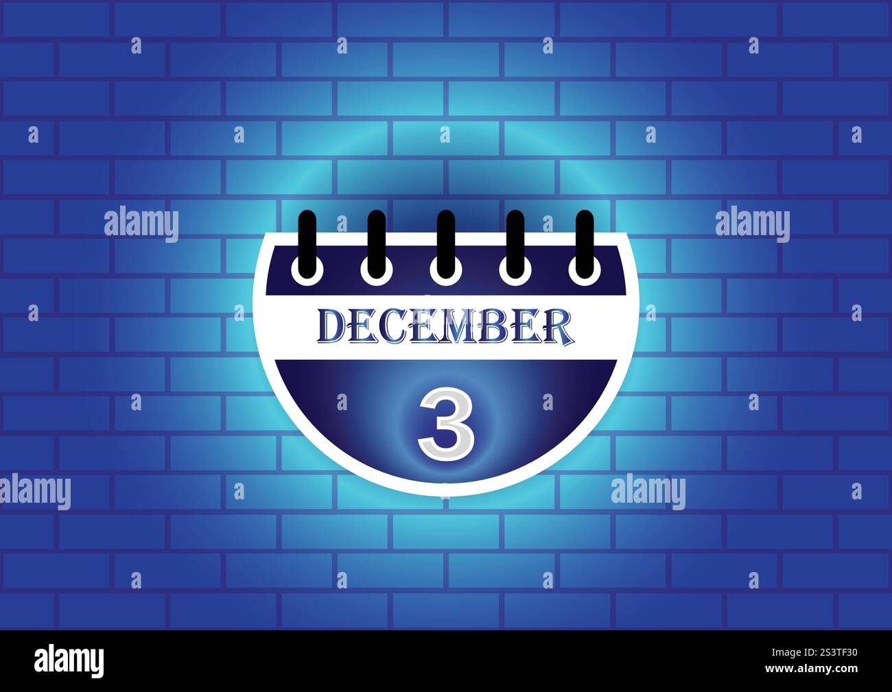Eine stilisierte Kalenderseite mit dem 3. Dezember, hervorgehoben vor einer blauen Ziegelwand. Das Design ist sauber und modern, für verschiedene Anwendungen geeignet. Stock Vektor