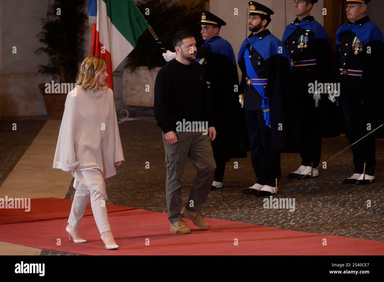Italien, Rom, 9. Januar 2025: Der italienische Premierminister Giorgia Meloni trifft auf den ukrainischen Präsidenten Wolodymyr Zelenskyj. Foto © Stefano Carofei/Sintesi/Alamy Live News Stockfoto