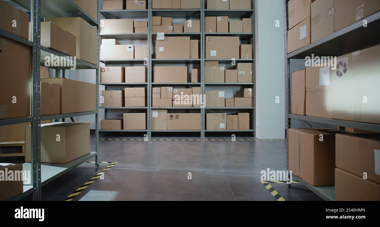 Postsortierzentrum, Online-Store-Einzelhandelslager mit E-Commerce-Waren in Kartons und Paketen in Regalen. Lager-, Logistik- und Vertriebseinrichtung für Lieferservice. Dolly Shot. Stockfoto