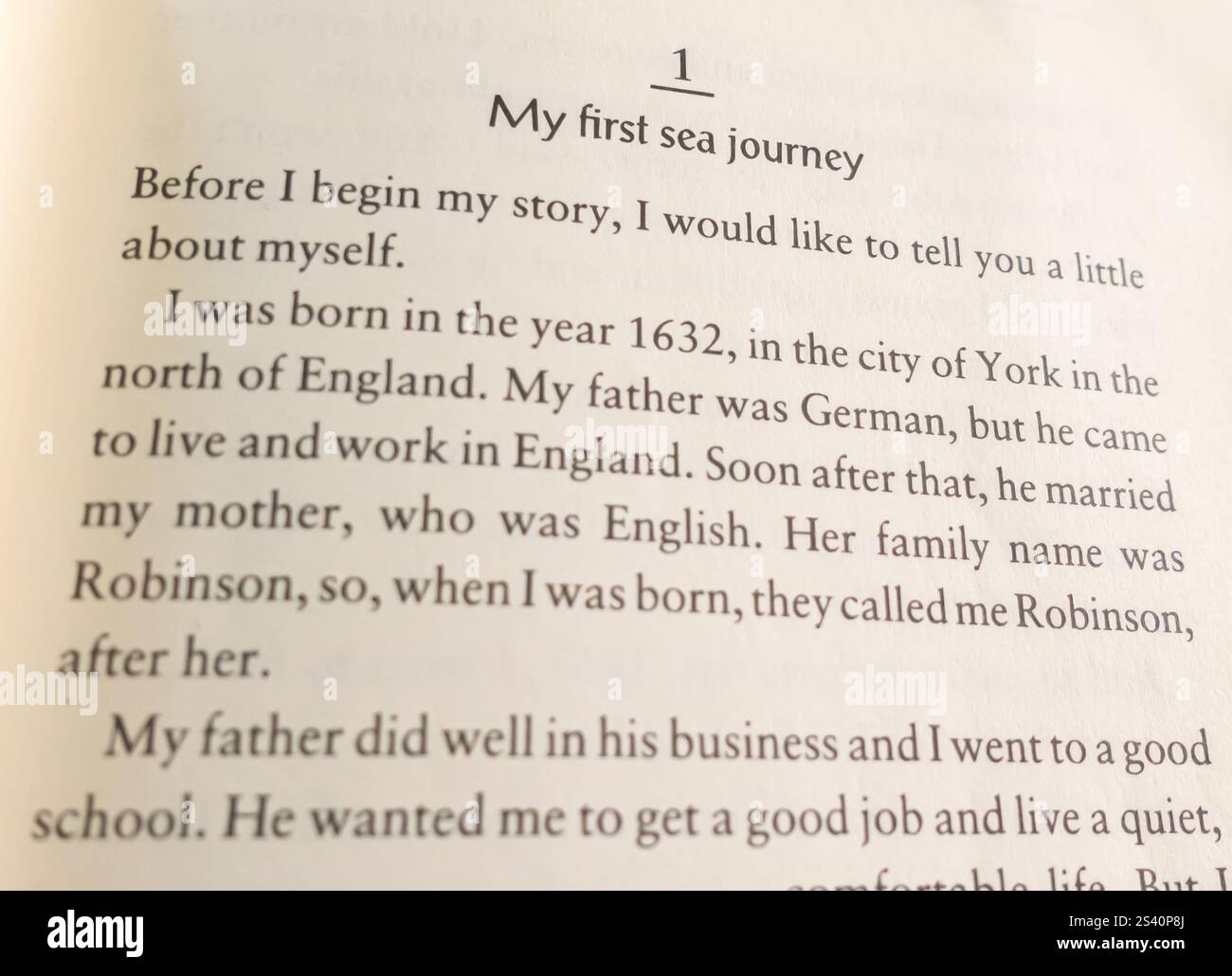 Der Anfang des Romans Robinson Crusoe von Daniel Defoe Stockfoto
