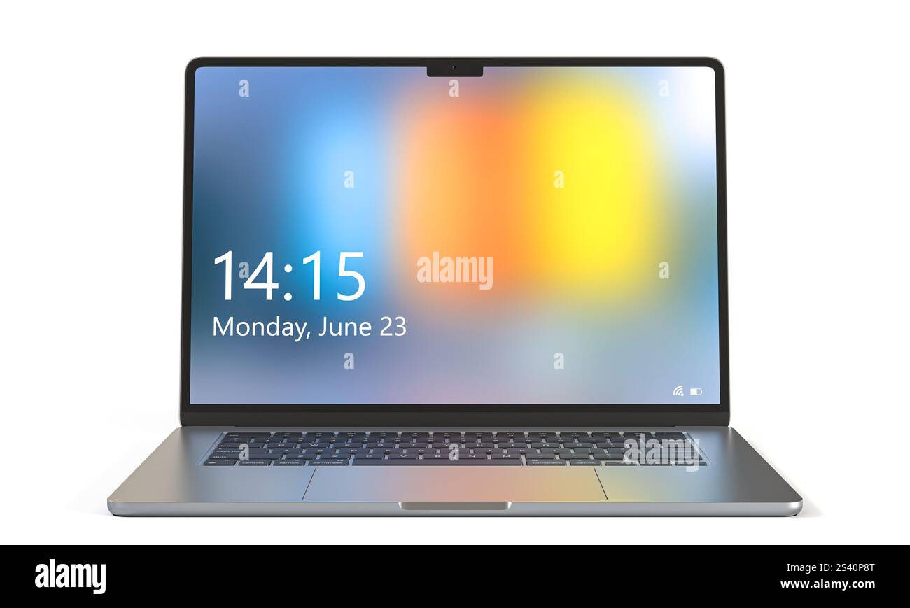 Moderner silberner Laptop mit Sperrbildschirm auf weißem Hintergrund 3D Stockfoto