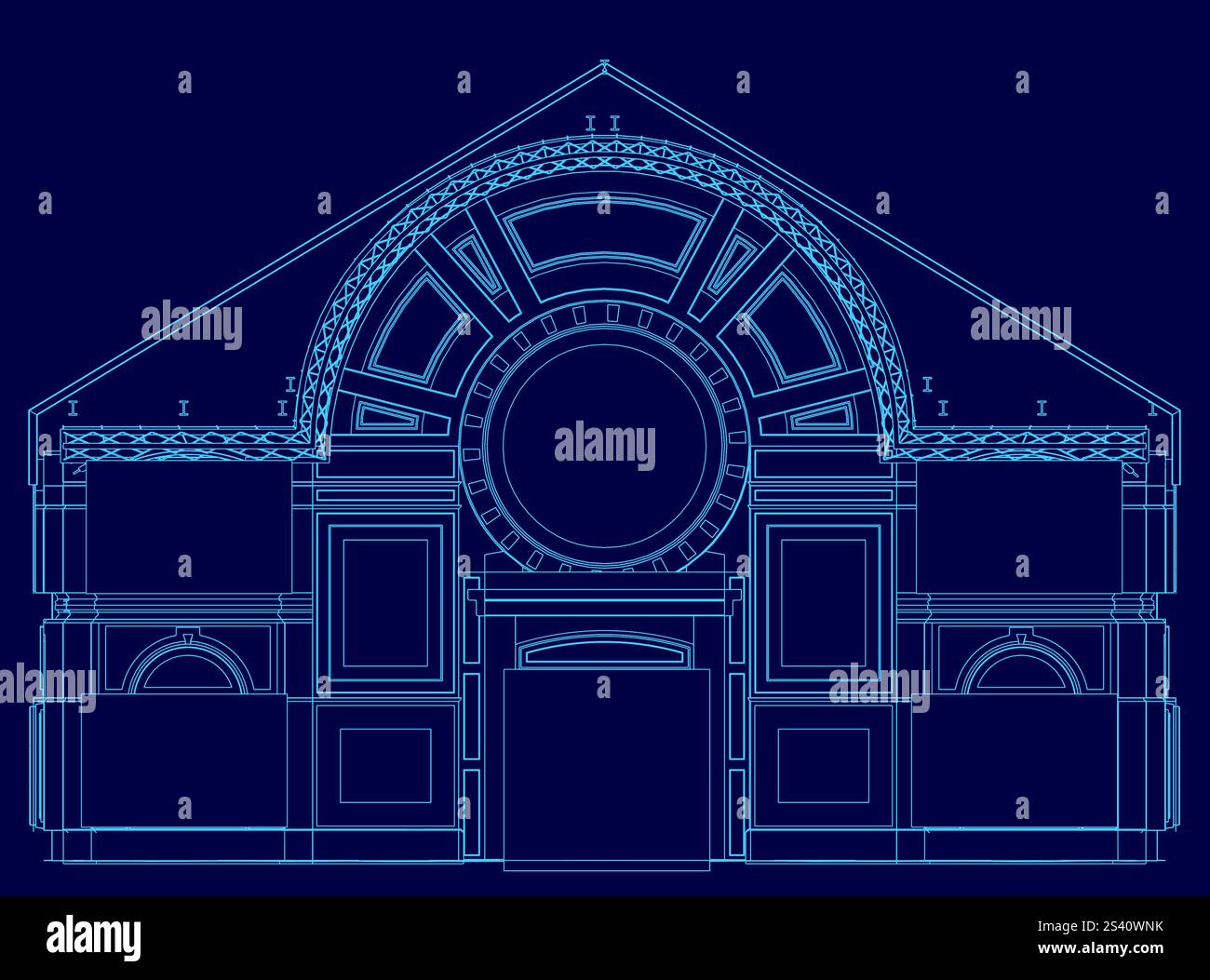 Blaue Zeichnung eines Gebäudes mit einem großen runden Fenster. Die Zeichnung ist blau und sehr detailliert Stock Vektor