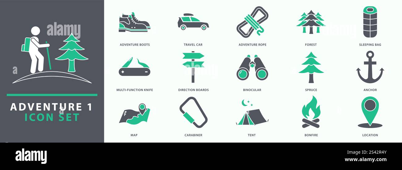 Adventure-Symbole. Adventure-Symbolsatz. Setzen Sie das Symbol des Abenteuers. Vektorabbildung. Stock Vektor