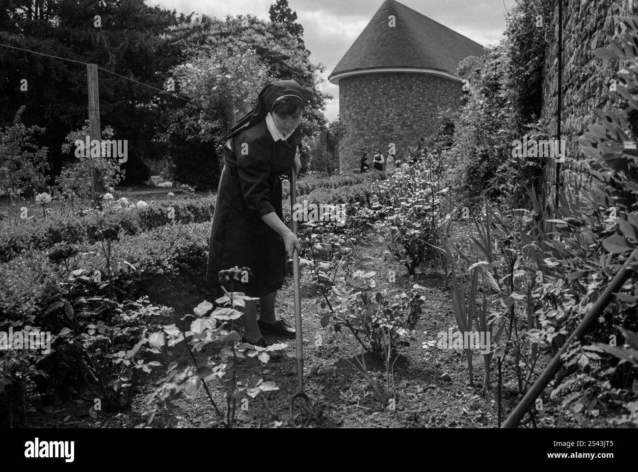 Eine Nonne, die 1979 im Garten der Llantarnam Abbey in Cwmbran, Wales, arbeitet Stockfoto