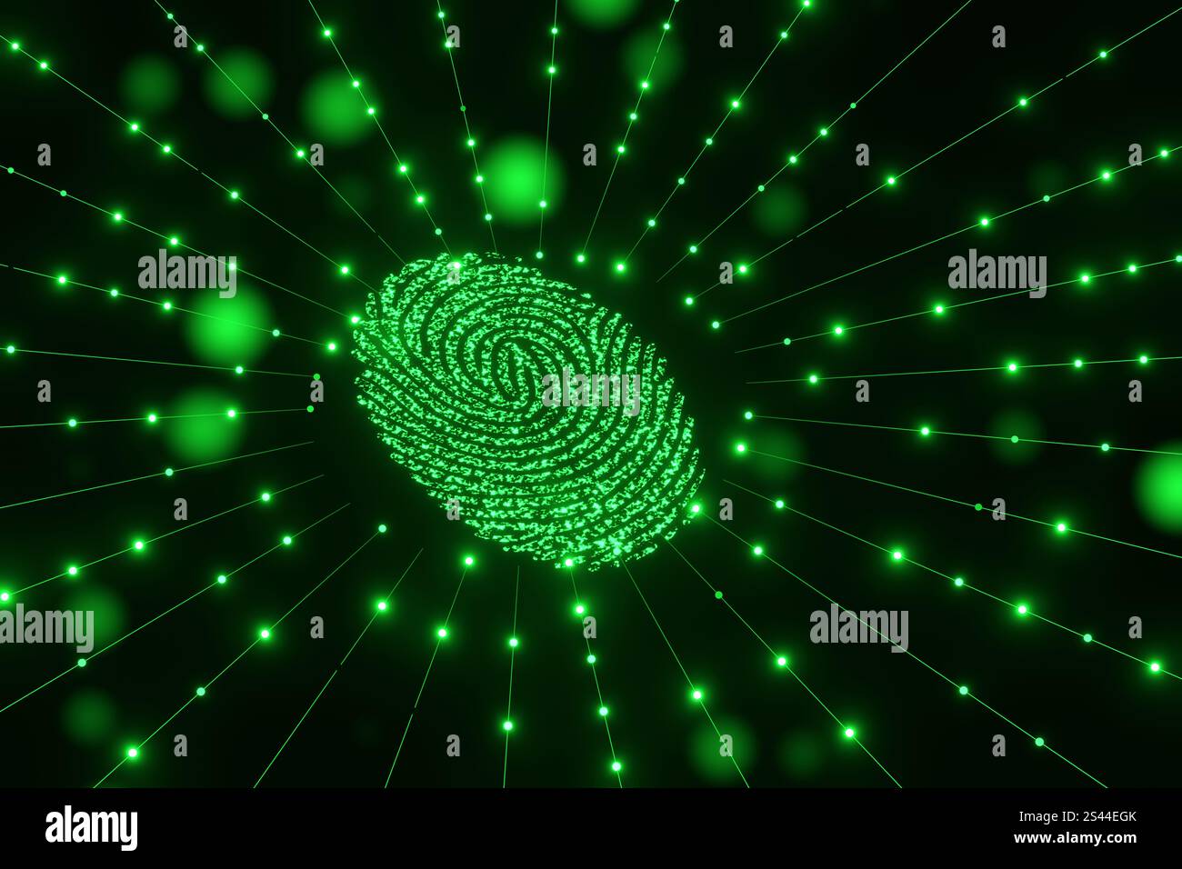 Leuchtend grüner Fingerabdruck, der radiale Linien ausstrahlt, die mit hellen Flecken in dunklem Hintergrund verziert sind. Biometrische Authentifizierung und digitale Fußabdrücke Stockfoto