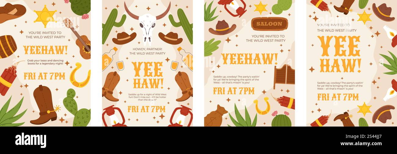 Set von Vorlagen für Einladungen zu Wildwest-Partys mit Cowboyhüten, Stiefeln, Kakteen, Laternen, Sheriff-Abzeichen, und dekorative Elemente. Flacher STYLE für den Abend Stock Vektor