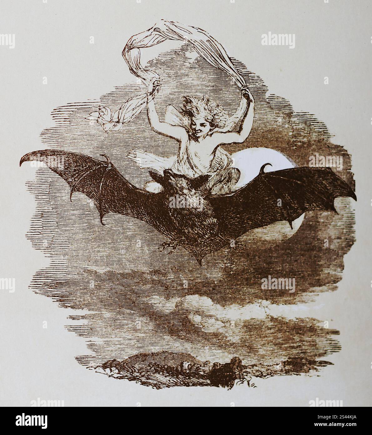 Ein teuflischer Charakter auf einer breiten geflügelten Fledermaus. Eine Linienzeichnung aus dem Sturm, Akt V. Szene 1: Where the Bee Sucks. Originalabbildung ca. 65 mm breit. Dies ist eine von einer Gruppe von Fotografien von Kunstwerken von Sir John Gilbert. Eine Reihe von gravierten Platten wurde hergestellt, um ein Buch über Shakespeares Schrift zu illustrieren. Diese wurde erstmals 1862 veröffentlicht. Diese Illustration erschien in einem nachfolgenden abgekürzten Band, vermutlich um 1886. Stockfoto