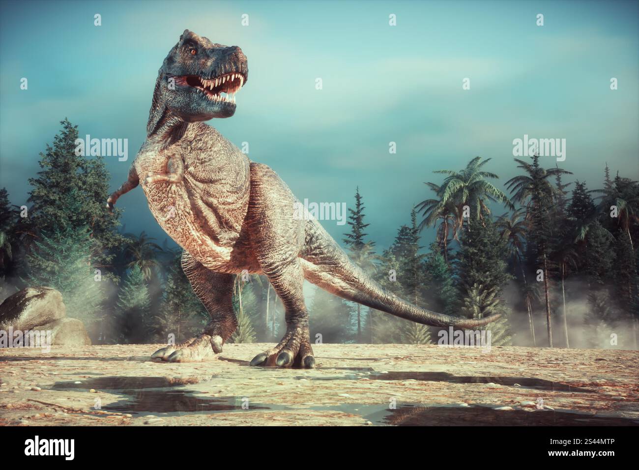 Tyrannosaurus rex im Tal. Dies ist eine 3D-Render-Abbildung Stockfoto