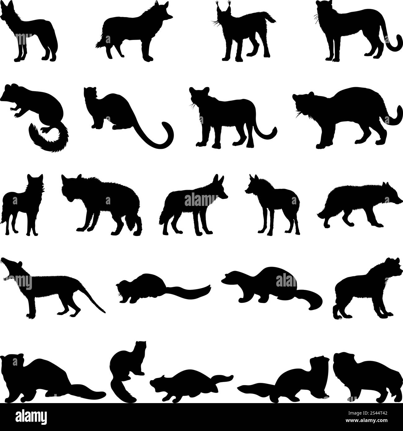 Auflistung der Wölfe und Marder Silhouetten. Vektor-Illustration. Stock Vektor