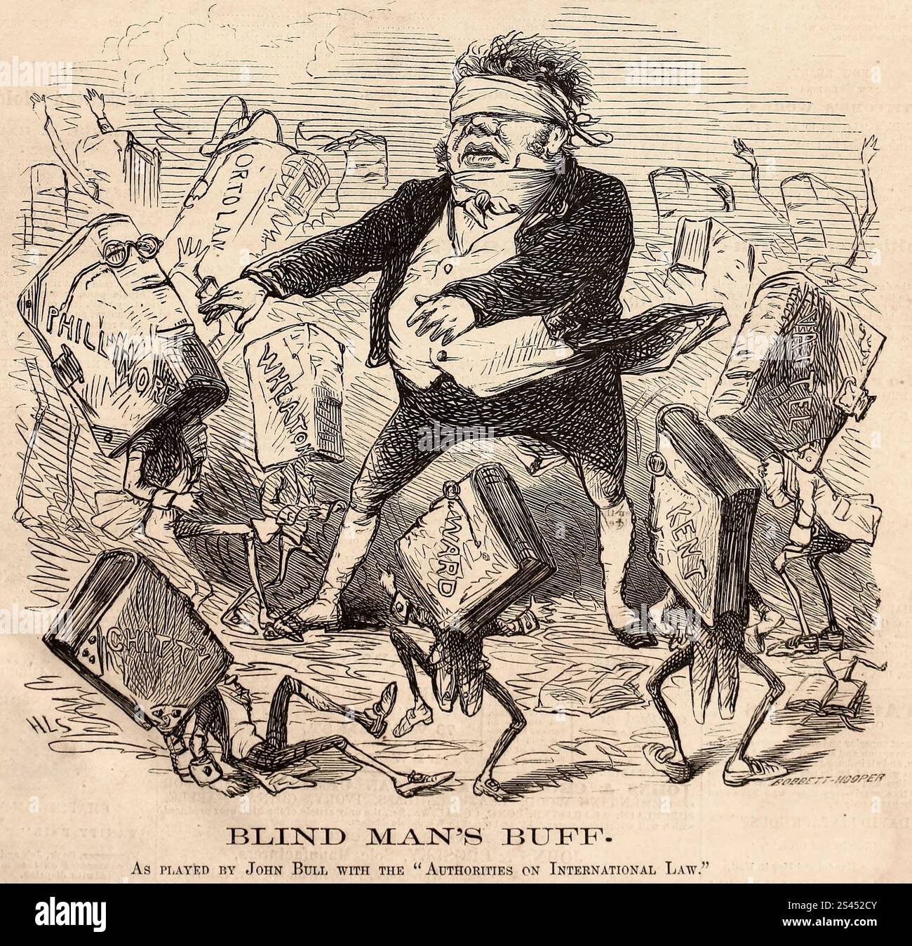 Bind man's Buff, gespielt von John Bull mit Authorities of International Law – Political Cartoon 1862 Stockfoto