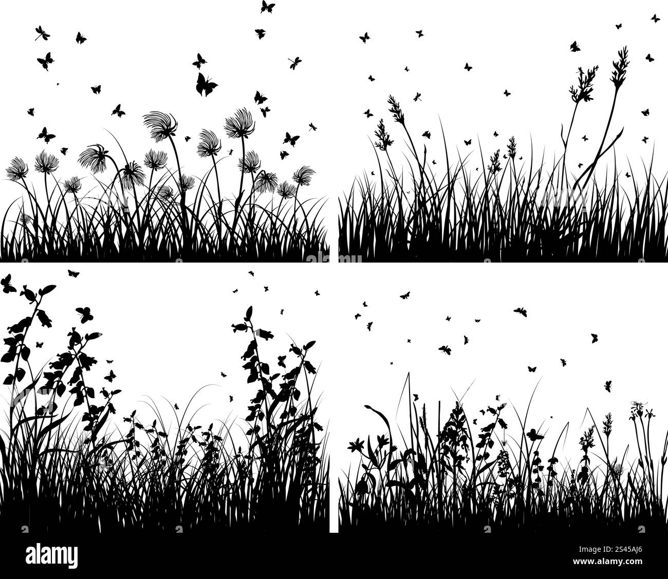 Set von vier Vektor Rasen Silhouetten Hintergründe Stock Vektor