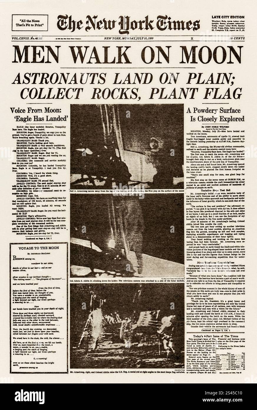 „Men Walk on Moon“ die historische Titelseite der New York Times vom Montag, den 21. Juli 1969, zeigt die ikonische Mondlandung mit Fotos der Mondoberfläche und Astronauten, die die US-Flagge Pflanzen. Stockfoto