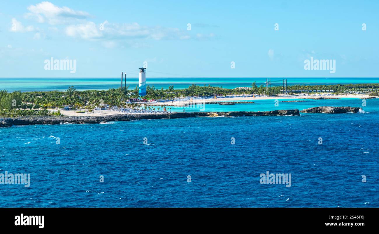 Panoramablick auf Great Stirrup Cay Island, die Bahamas Stockfoto