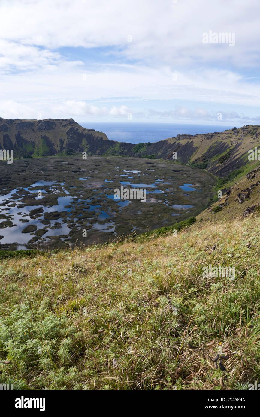Wasser befindet sich am Boden des Kraters bei Rano Kau, dem erloschenen Vulkan auf der Osterinsel. Stockfoto
