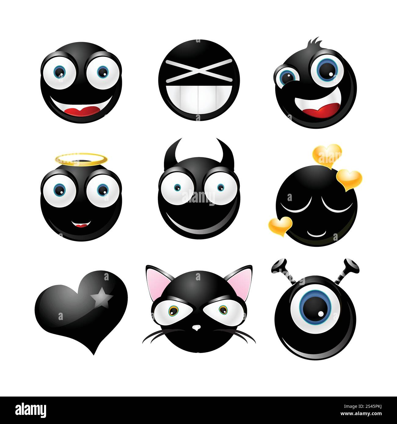 Sammlung glänzend schwarzer Emoticons, isoliert auf weißem Hintergrund Stock Vektor