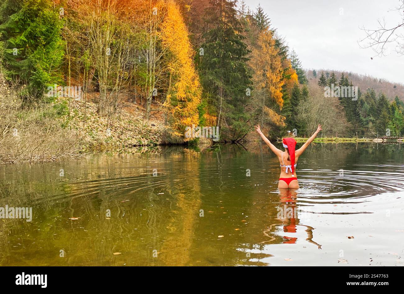 Frau Kaltwasser schwimmt im See. Kaltwassertherapie. Wim Hof-Methode. Gesunder Lebensstil, fit halten. Stockfoto