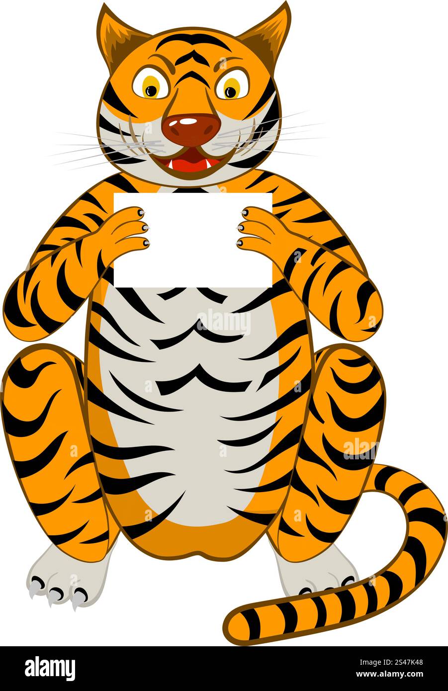 Lustige Cartoon Charakter Tiger auf dem Boden sitzen und weißes Blatt in Händen hält, Over White Background. Handgezeichnete vor Blick Elegant niedlichen Design. Vektor-Illustration. Stock Vektor