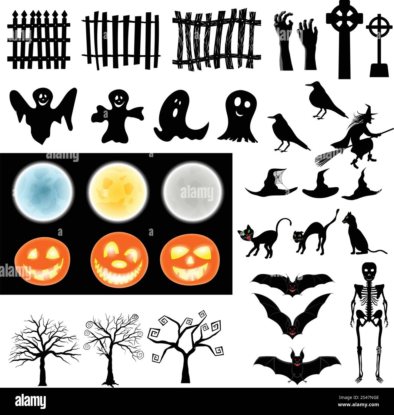 Halloween Urlaub Elemente gesetzt. Sammlung mit Fledermaus, Geist, Grab, Baum, Mond, Kürbis, Hexe, Skelett und Katze Over White Background für Halloween-Designs zu erstellen.  Vektor-Illustration. Stock Vektor