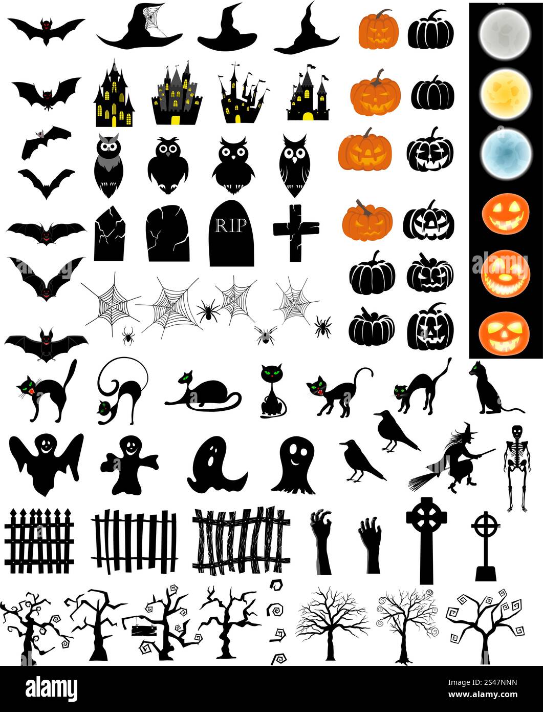 Halloween Urlaub Elemente gesetzt. Sammlung mit Fledermaus, Geist, Grab, Baum, Mond, Kürbis, Hexe, Skelett und Katze Over White Background für Halloween-Designs zu erstellen.  Vektor-Illustration. Stock Vektor