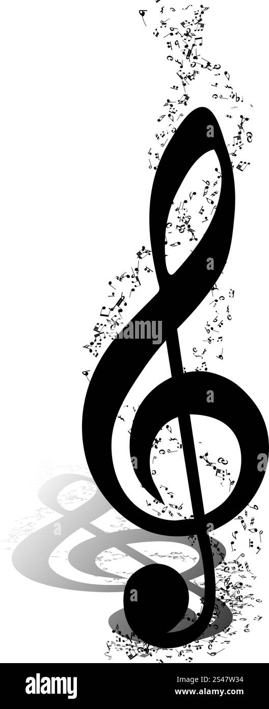 Musikalische Design-Elemente aus Musik Mitarbeiter mit Violinschlüssel und Notizen in den Farben schwarz und weiß. Elegante kreatives Design mit Schatten und Isolated on White. Vektor-Illustration. Stock Vektor