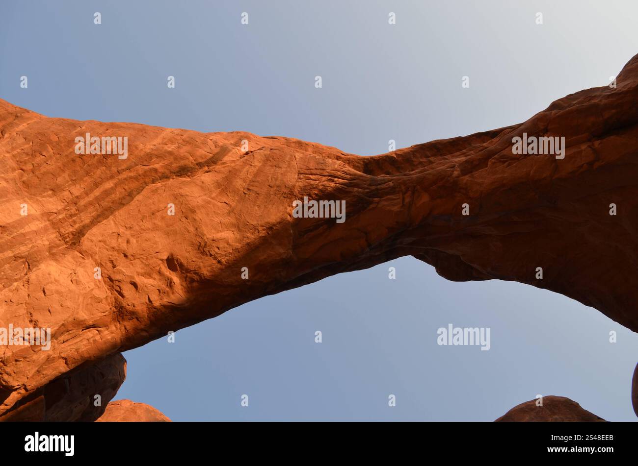 Sonnenlicht beleuchtet einen markanten Naturbogen mit satten Orangetönen vor einem hellblauen Himmel im Arches National Park. Stockfoto