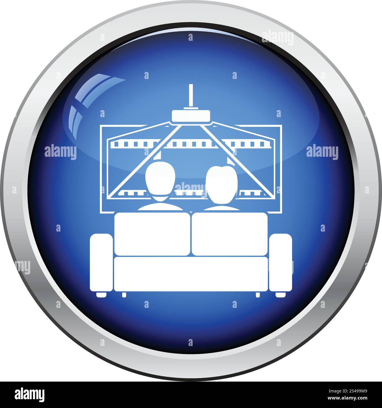Kino-Sofa-Symbol. Glänzende Knopf-Design. Vektor-Illustration. Stock Vektor