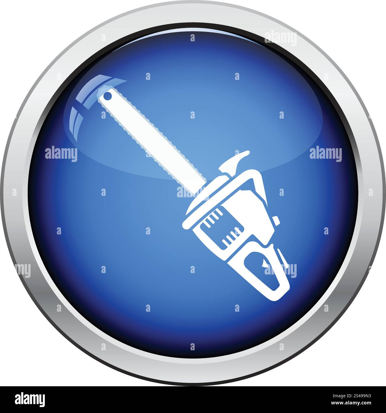 Ikone der Kettensäge. Glänzende Knopf-Design. Vektor-Illustration. Stock Vektor