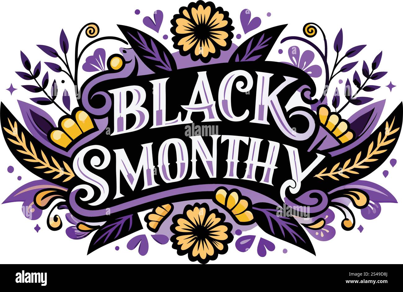 Raffiniertes Kunstwerk für den Monat „Black History Month“, das dekorative Blumen, ein fließendes Schriftbild und ein auffälliges schwarzes Banner kombiniert, um Stolz und Ermächtigung zu symbolisieren Stock Vektor