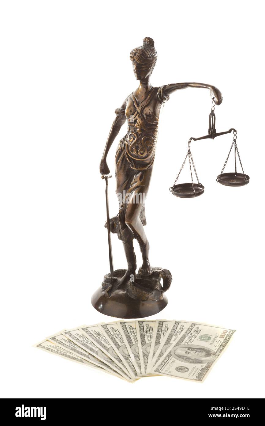 Gerechtigkeit und der Dollar. Symbol für Rechtskosten Stockfoto