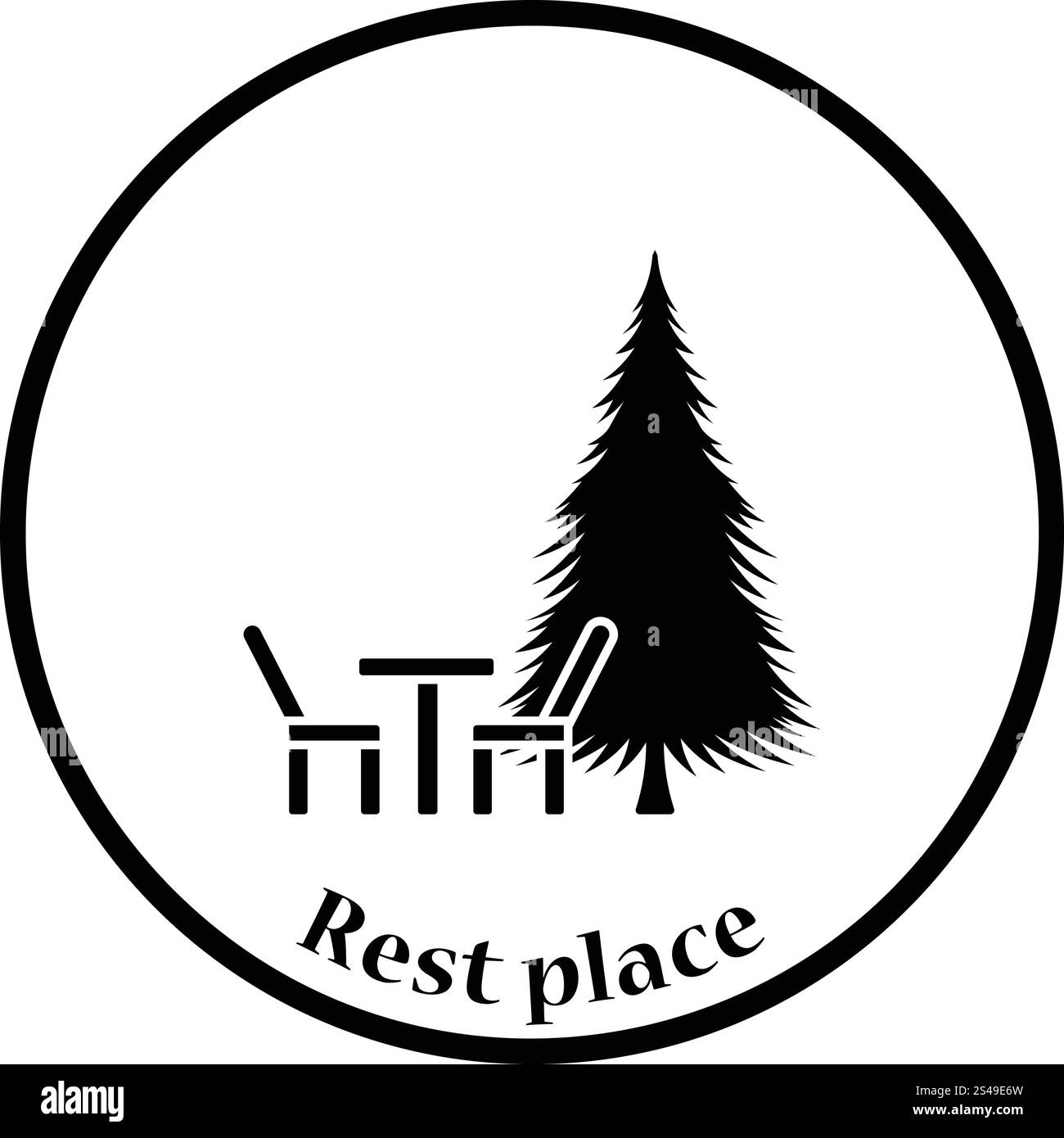 Park Platz und Kiefer Baumsymbol. Dünnen Kreis Design. Vektor-Illustration. Stock Vektor