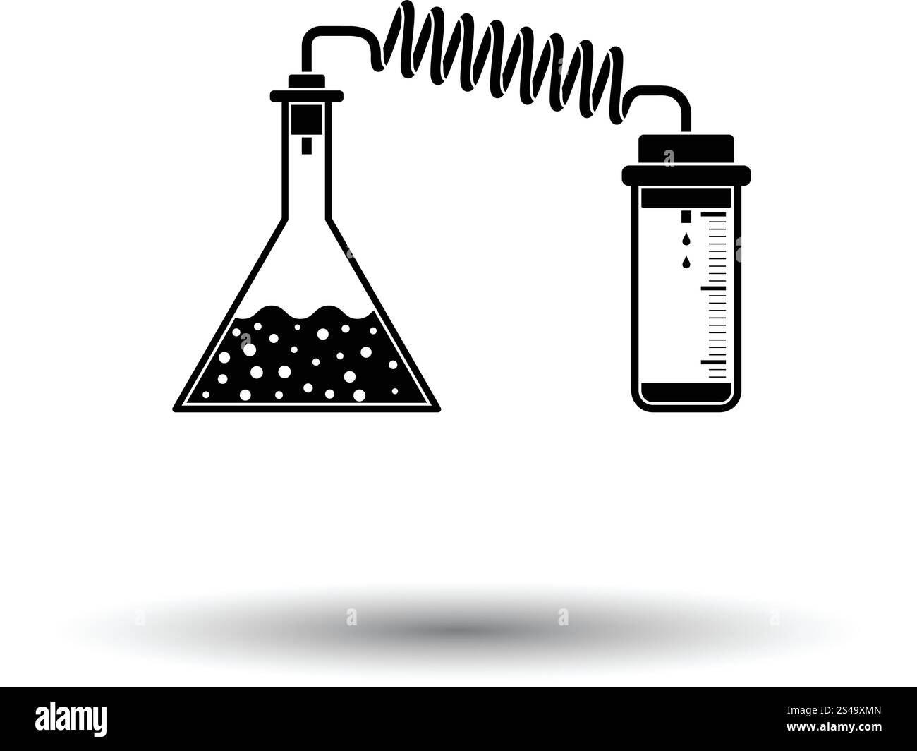 Ikone der Chemie Reaktion mit zwei Kolben. Weißen Hintergrund mit Schatten Design. Vektor-Illustration. Stock Vektor