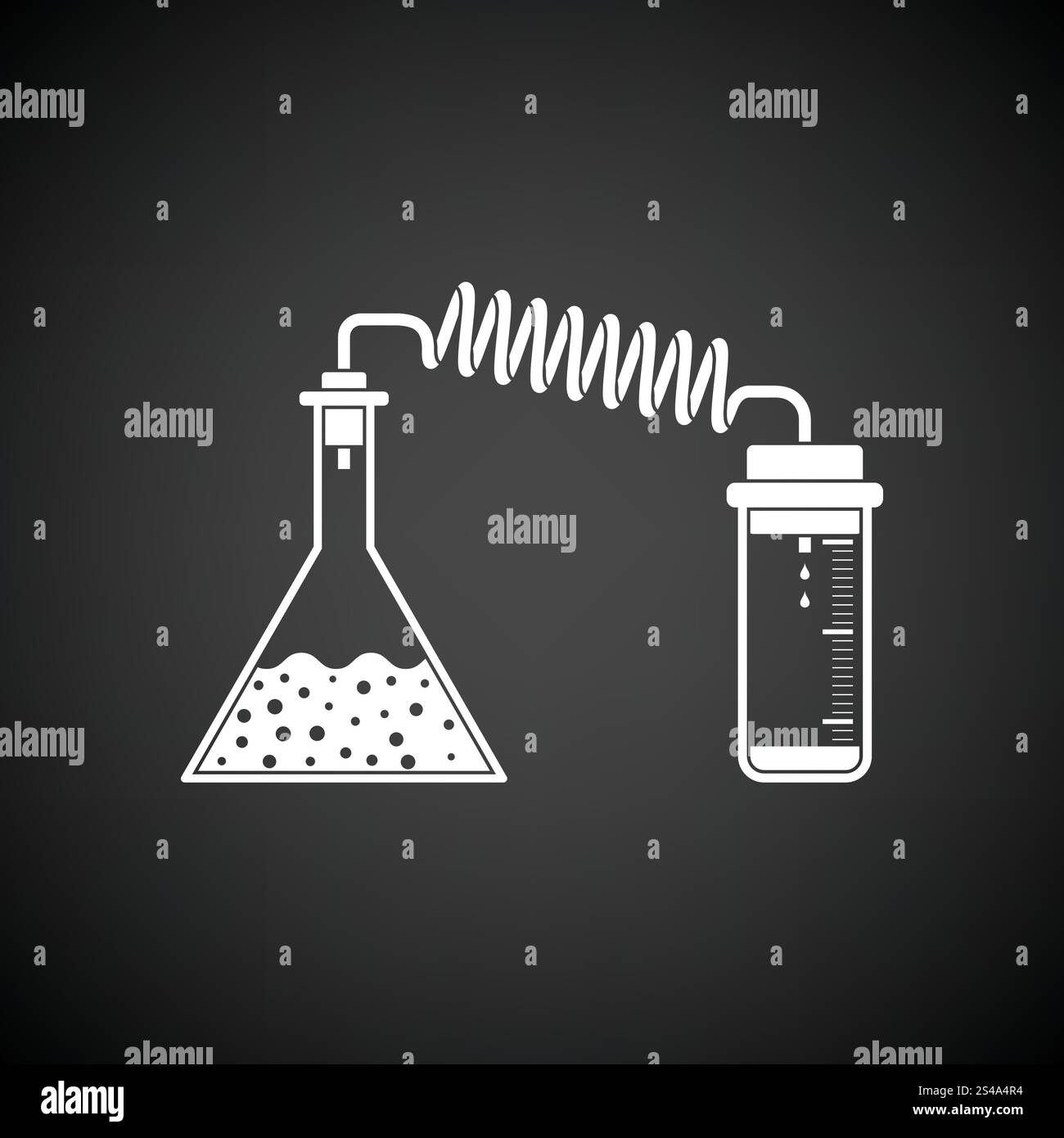 Ikone der Chemie Reaktion mit zwei Kolben. Schwarzer Hintergrund mit weißen. Vektor-Illustration. Stock Vektor
