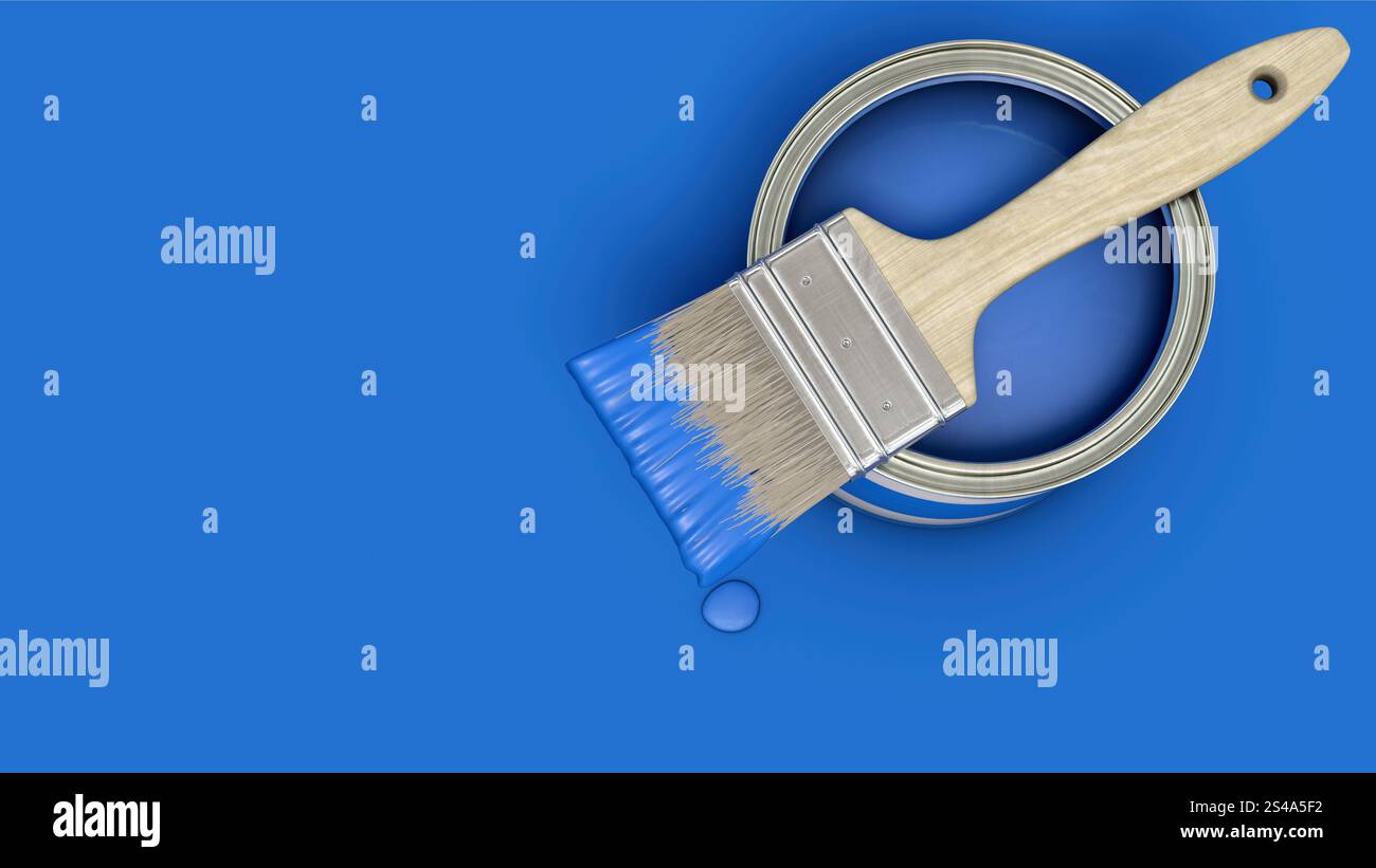 Blaue Farbdose mit Pinsel auf blauem Hintergrund Stockfoto