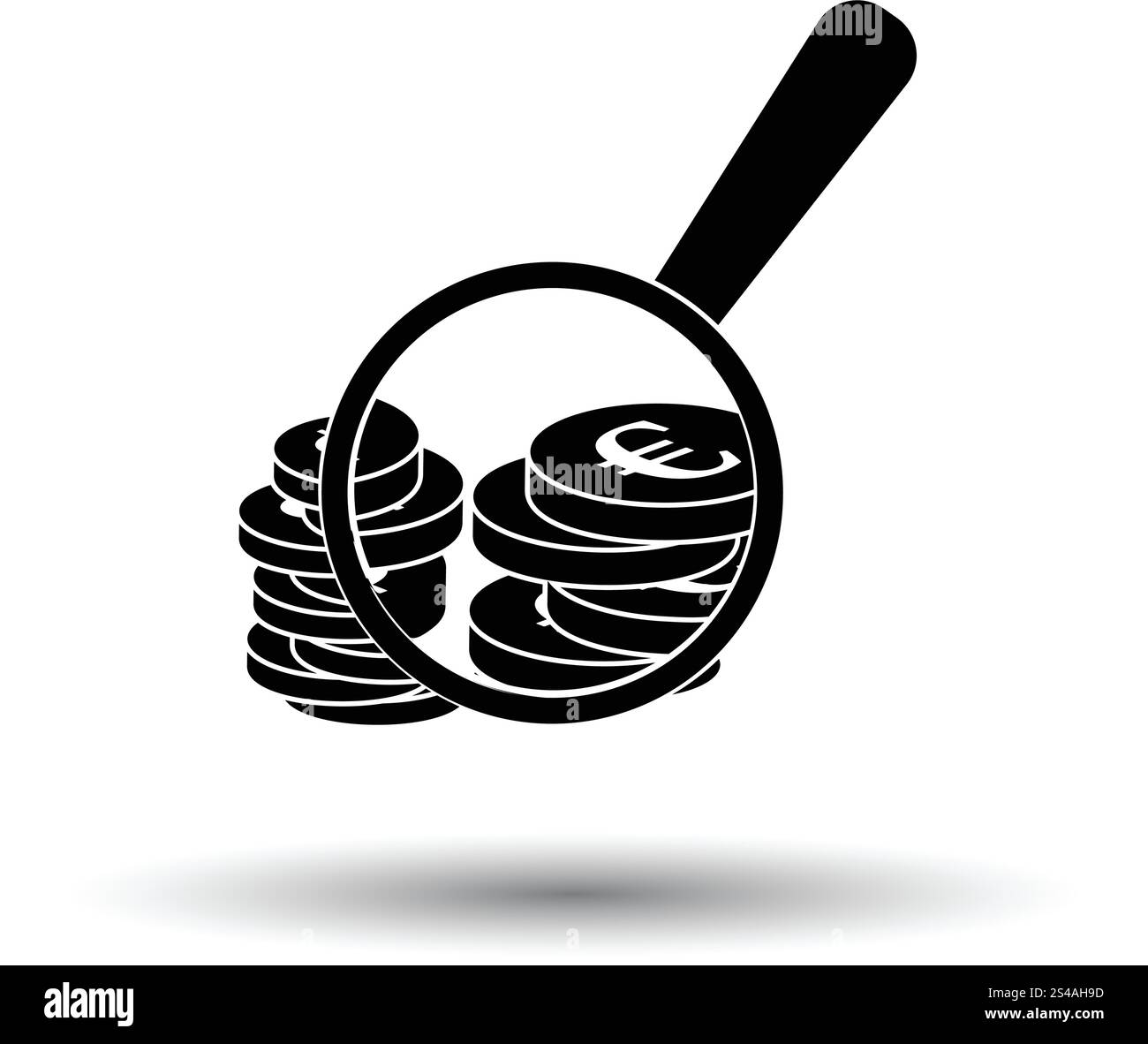 Lupe über Münzen-Stack-Symbol. Weißen Hintergrund mit Schatten Design. Vektor-Illustration. Stock Vektor