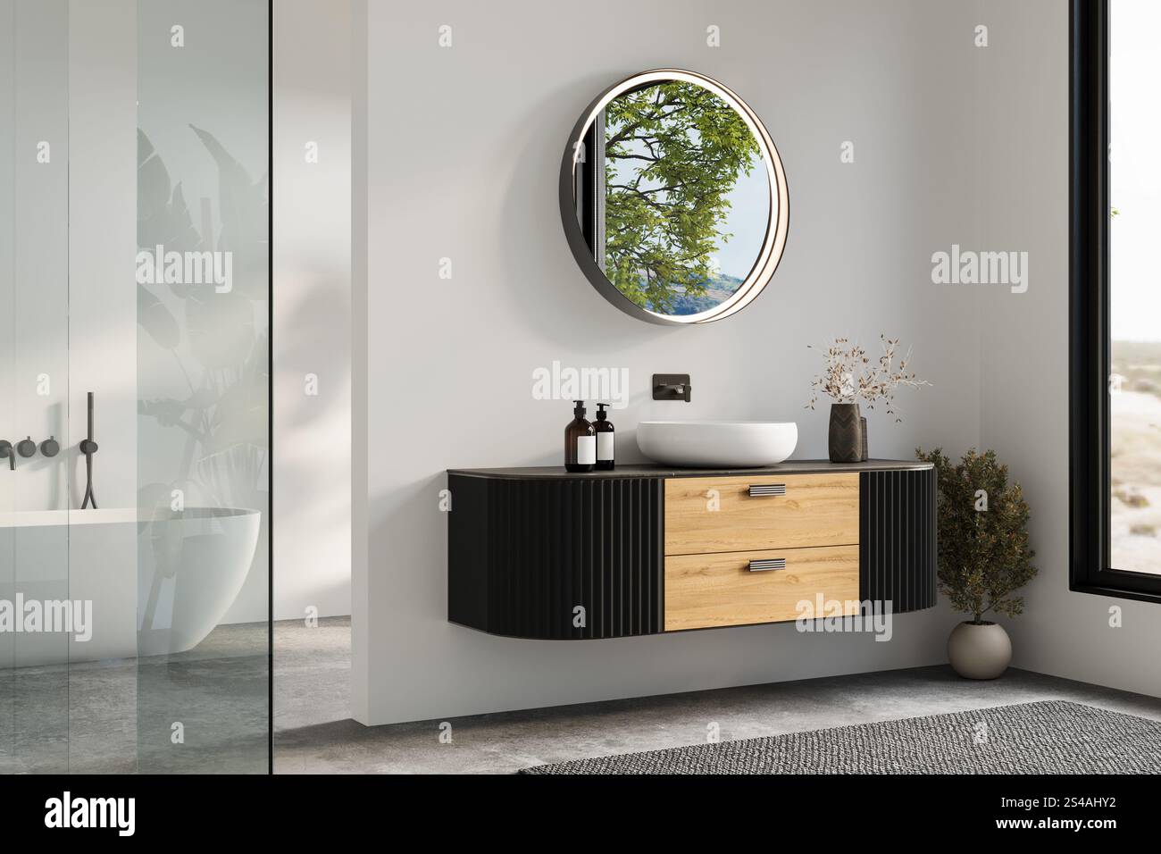 Moderner Kosmetikbereich mit Holz- und schwarzen Akzenten, rundem beleuchtetem Spiegel und minimalistischer Einrichtung mit Blick auf die malerische Aussicht. 3D-Rendering Stockfoto
