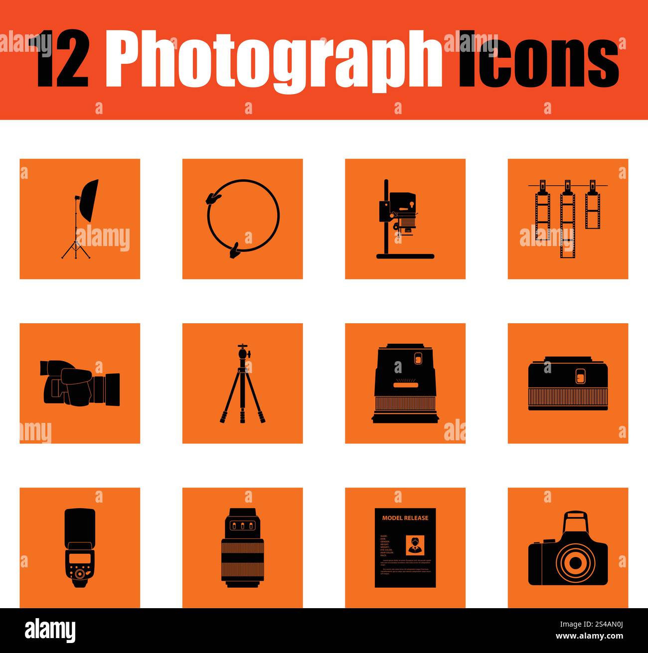 Fotografie-Icon-Set. Orange Design. Vektor-Illustration. Stock Vektor