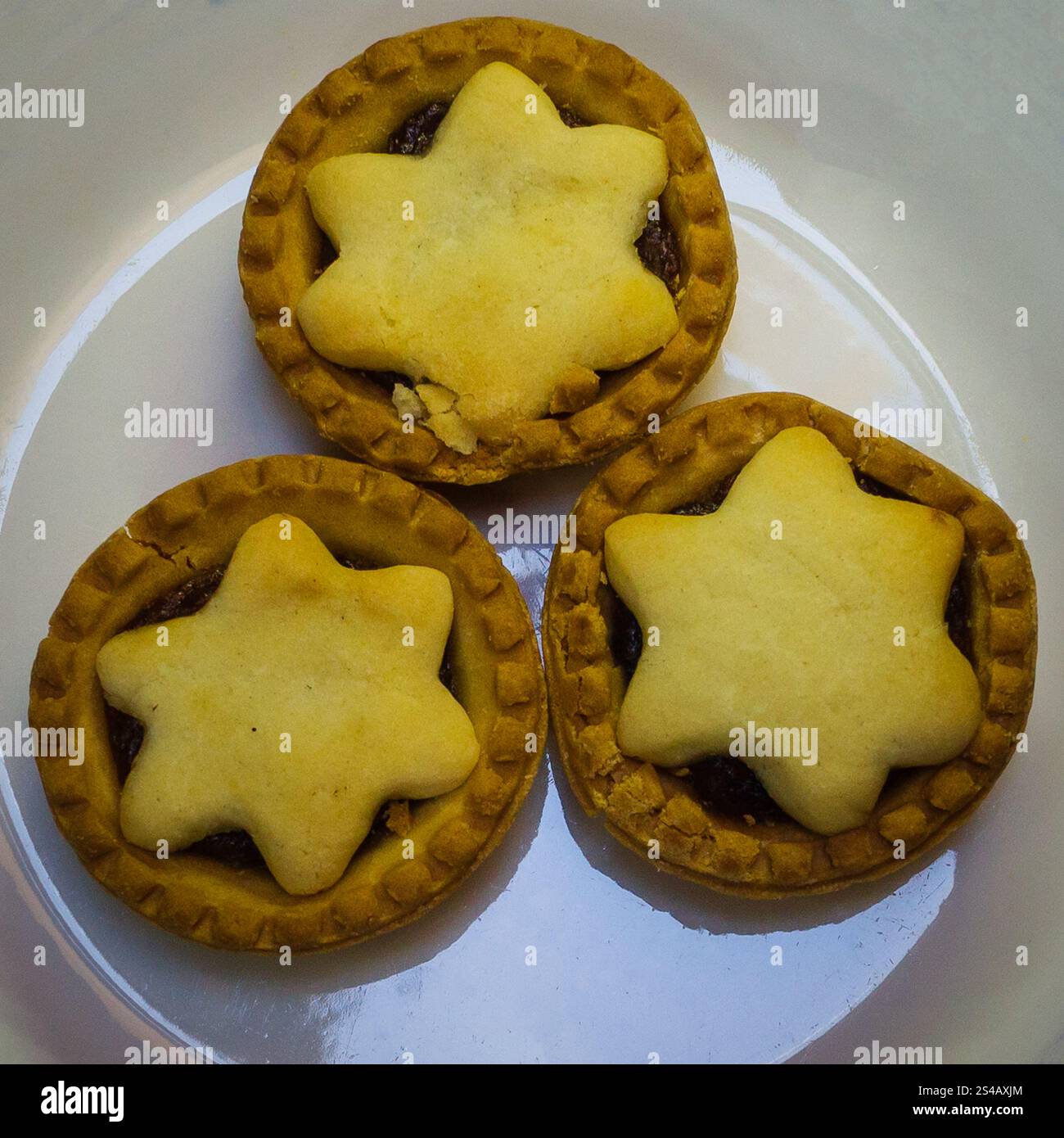 Drei traditionelle Hackkuchen mit sternförmigen Spitzen auf einer weißen Platte, perfekt für Festlichkeiten und Feiertage. Stockfoto