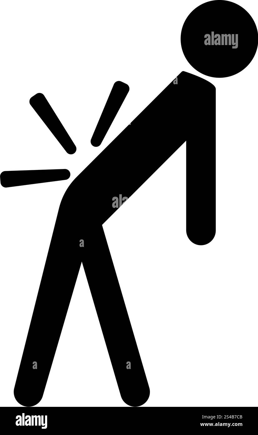 Mann mit wieder krank. Rückenschmerzen schwarzes Symbol. Stock Vektor