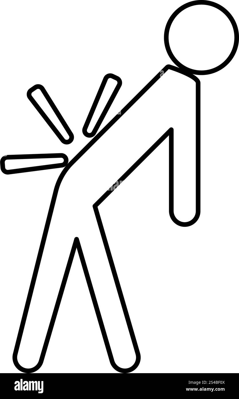 Mann mit wieder krank. Rückenschmerzen schwarzes Symbol. Stock Vektor