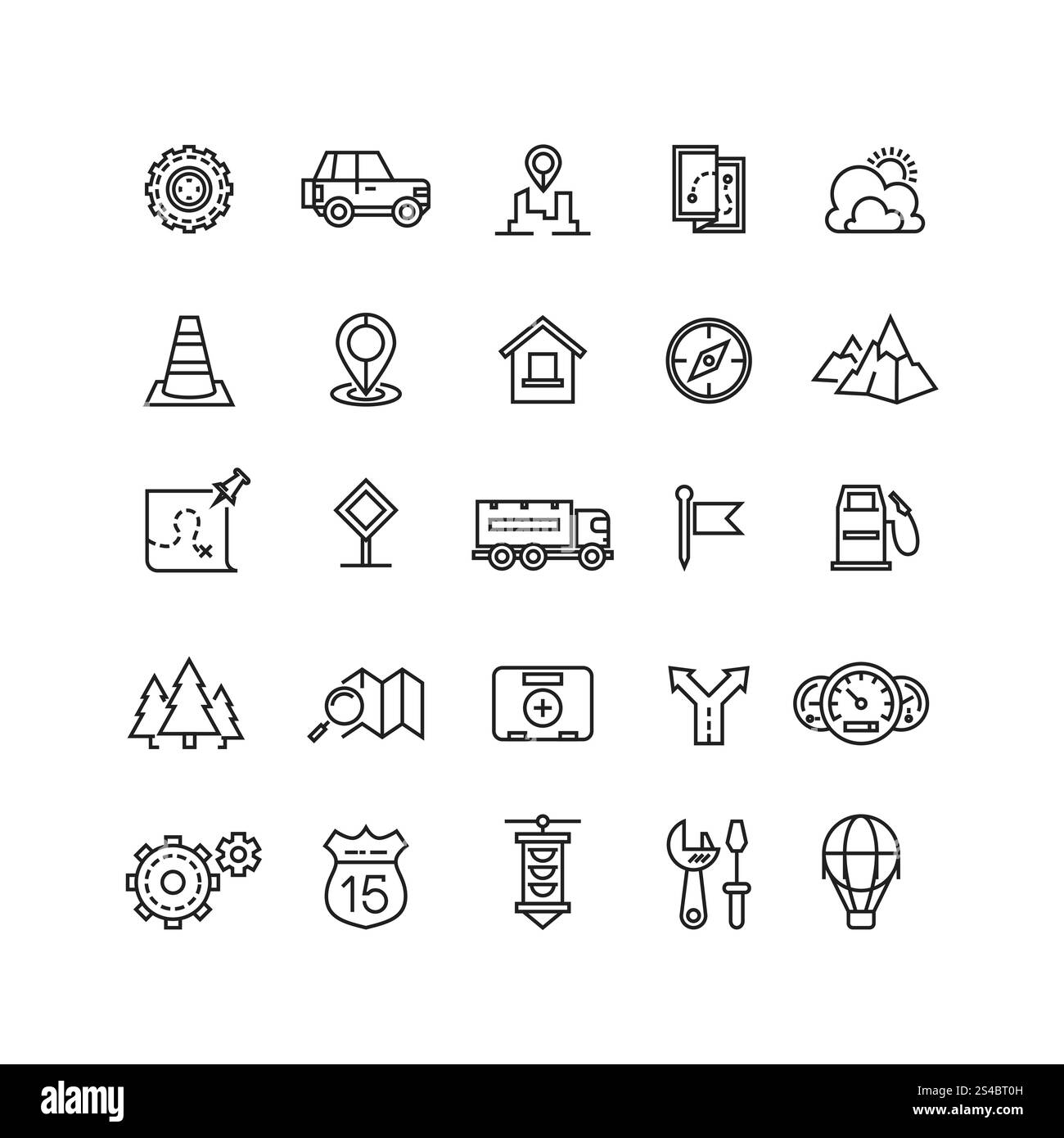 Lineare Symbole für Reisen, Autobahnverkehr, Positionsvektor. Lineare Symbole für Reisen, Autobahnverkehr, Positionsvektor. Verkehrs-/Verkehrssymbol und Verkehrs-/Verkehrssymboldarstellung Stock Vektor