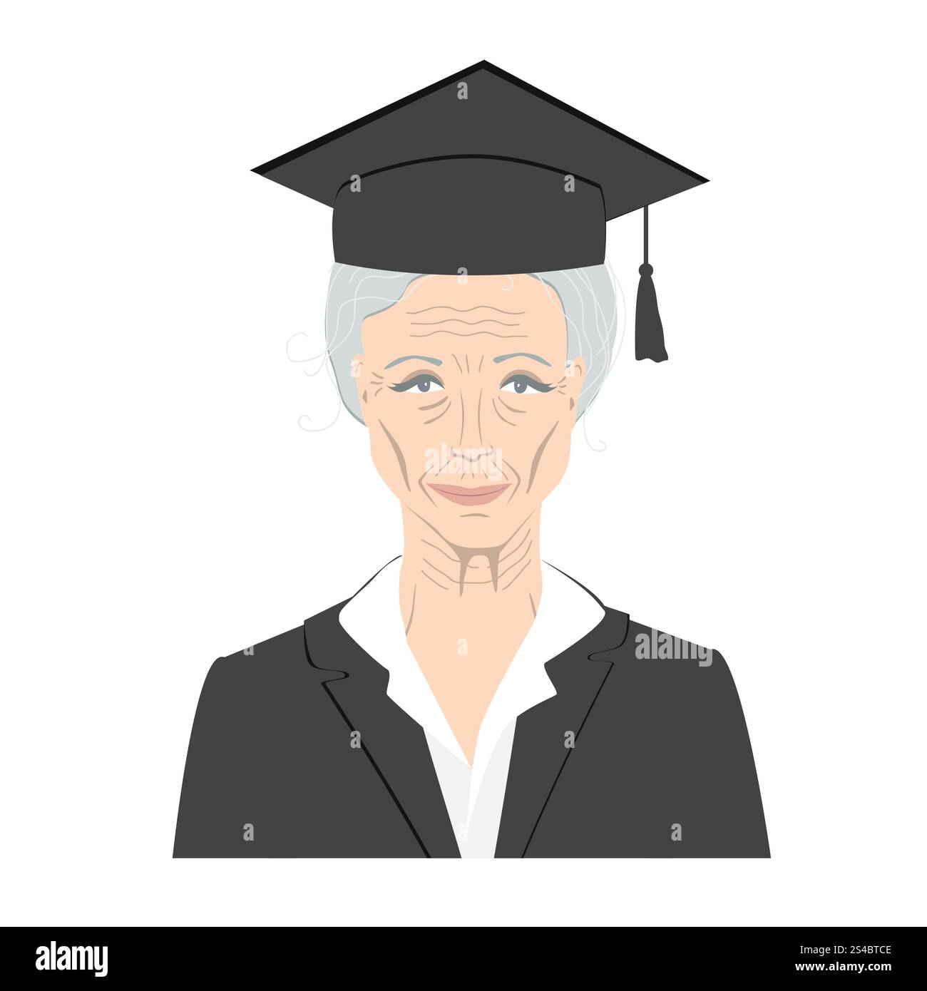 Porträt einer älteren Frau im Abschlusskleid. Avatar einer älteren Professorin, Vektor-isolierte Illustration Stock Vektor