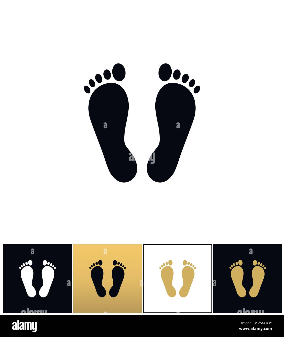 Fußabdrücke oder Vektorsymbol für menschliche Fußabdrücke. Fußabdrücke oder Vektorsymbol für menschliche Fußabdrücke. Piktogramm für Fußabdrücke oder menschliche Fußabdrücke auf schwarzem, weißem und goldenem Hintergrund Stock Vektor